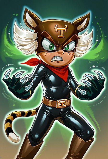 score_9, score_8_up, score_7_up, CuteCartoonStyle, 1boy, solo, male focus, El_Tigre, Mask, Green Eyes, white sideburns, Freckles, Cat Ears, Black Bodysuit, belt buckle, brown boots, Red Bandana around neck, black Gloves, tail, claws, green aura, angry,