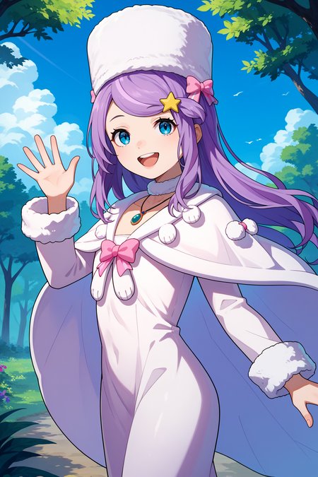 score_9, score_8_up, score_7_up, score_6_up, source_anime, 1girl, solo, <lora:rzanastasia-pdxl-nvwls-v1-000006:1> rzAH, lavender hair, long hair, swept bangs, blue eyes, fur hat, white hat, star hair ornament, white cape, fur choker, necklace, fur trim, white dress, long dress, pink bow, long sleeves, from side, looking at you, waving, happy, open mouth, blue sky, forest