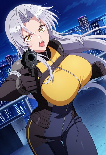 general,highres, ultra-detailed,very aesthetic,best quality ,best hands,best eyes,easynegative,
dynamic anglre, dutch angle, anime cloring,anime screencap,
1girl solo,looking at viewer,city,night, open mouth, holding gun, fighting, 
Mikoto Kiba,grey hair, long_hair, yellow eyes, huge_breasts,open chest rider suit,