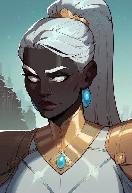 score_9, score_8_up, score_8, score_7_up, score_7, score_6_up, score_6, score_5_up, Score_5,human female, obsidian black skin, onyx black skin, round eyes, white eyes, small eyes, beautiful face, aesthetic face, narrow face, narrow nose, long nose, round ears, white eyebrows, long white hair, high ponytail, very tall, curvy, elegant, royal, aristocratic, majestic, chin up, seductive smile, slender. Silver jewelries. White jewelries. Blue jewelries. Lots of jewelries. White bracers, tight white dress,, vox machine style, 1girl, female focus, solo, portrait,   background of snow-covered landscape, fantasy, (dynamic lighting:1.1)
((masterpiece))