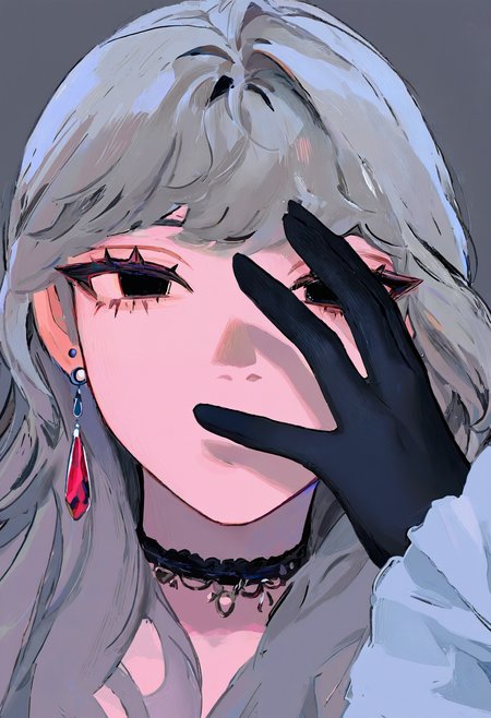 <lora:eXZvdG9ybw==-noobaiXLNAIXL_epsilonPred_V110_V1-CAME>, eXZv, 1girl, solo, gloves, earrings, jewelry, looking at viewer, choker, black gloves, long hair, shadow, grey hair, simple background, black eyes, black choker, portrait, grey background, frilled sleeves, close-up, eyelashes, hand over face
