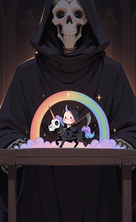 masterpiece, best quality, good quality, newest, highres, absurdres, solo, blush, holding, horns, hood, chibi, blush stickers, 1other, cloak, hood up, single horn, skull, scythe, riding, rainbow, horse, skeleton, black cloak, holding scythe, black robe, horseback riding, skull mask, unicorn,
Close-Up,
sidelighting, Flatline, Flat vector illustration,
klaus_style <lora:illustriousXL_stabilizer_v1.23:0.3> <lora:NOOB_vp1_detailer_by_volnovik_v1:0.3> <lora:ponyv6_noobE11_2_adamW-000017:0.3> <lora:checkpoint-e18_s306:1.3> <lora:klaus:0.8>