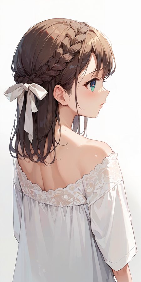 score_9, score_8_up, score_7_up,source_anime, high res image,masterpiece,best quality,girl,cute face,clear skin,shiny hair,ultra detailed eyes,simple background,   <lora:half up braid_pony_V1.0:0.8> half up braid,ribbon,from behind ,facing away