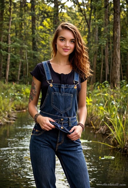lily, 1girl, solo, forest, lake, wearing only overalls, arm tattoo, freckles, bracelet, braless, rating_safe, covered nipples, medium breasts
