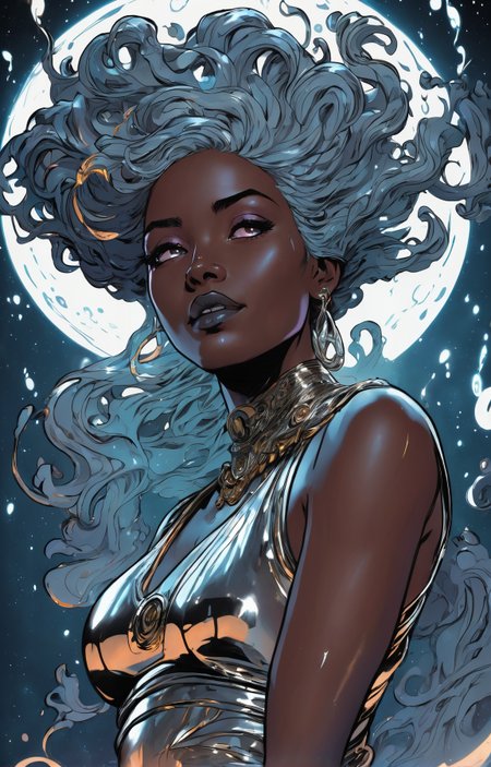 dgst artstyle, graphic illustration, comic art, graphic novel art, vibrant, dark and moody from the side of a stunning Djiboutian woman with a shy smile,  looking at viewer, ((space_style:0.6), cosmic outer space theme:1.1), mercury-sorcerer, focused, surrounded by tendrils of swirling quicksilver,   alchemical symbolism,   heavy metallic liquid,     slippery, dynamic pose, fluid movement, floating particles, drops of mercury, flowing metal,  silver colour scheme, radiance of mercury underground dungeon in background, flowing mercury formations, volumetric lighting, cinematic atmosphere, <lora:SDXL1.0_Essenz-series-by-AI_Characters_Style_DarkestDungeon-v1.0:0.7>, high quality, 4k, highly detailed