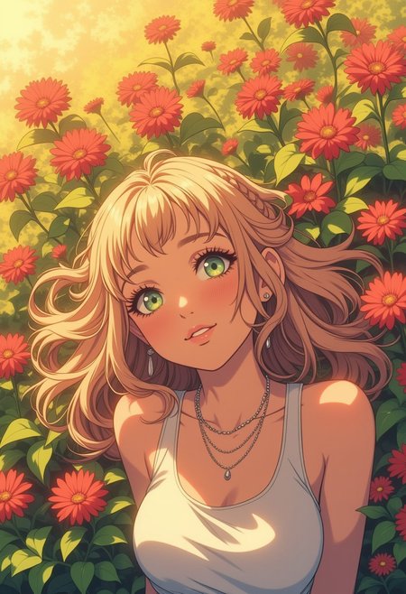 An anime illustration of a beautiful flower field, its springtime, the warmth of the sun shines down, a (22 year old woman) lie on her back daydreaming of fantastic stories and romance, she has messy blonde hair in a braid, ahoge, eyes, is lean and athletic, she wears a short pleated skirt, a tank top and white athletic shoes, she’s cute, with large expressive eyes, a petite nose, and lovely full lips, she wears layered jewelry, sun kissed skin, a contented smile, the setting evokes warmth and playfulness, ((from above)), bokeh