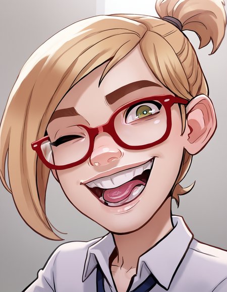 <lora:Darcy2.0Pony:0.6> darcy,, 1girl, short hair,teeth,  blonde hair,looking at viewer,ponytail,red-framed eyewear,brown eyes,  solo, smile, score_9, score_8_up, score_7_up, score_6_up, score_5_up, score_4_up,green eyes,school uniform,school   <lora:Jabstyle_AMXLV1:1> jabstyle, open mouth, tongue out, one eye closed,