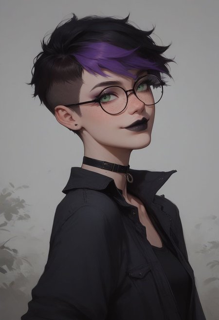 (Realistic Lighting:1.0), score_9, score_8_up, score_7_up, score_6_up, score_5_up, score_4_up score_9,score_8_up,
masterpiece, 1girl, sexy 18 year old tomboy, perfect body, fair skin, green eyes, cute face, freckles, small breasts, long legs, full body shot, in park,
choker, black lipstick, purple eyeshadow, eyeliner, mascara, firm butt, round ass, smile, black hair, glasses
two-tone hair, purple IncursioDipDyedHair, pixie cut purple hair
1girl, solo, looking at viewer, green eyes, closed mouth, lips, wind, portrait, nose, shirt pulled up over breasts, breasts exposed,