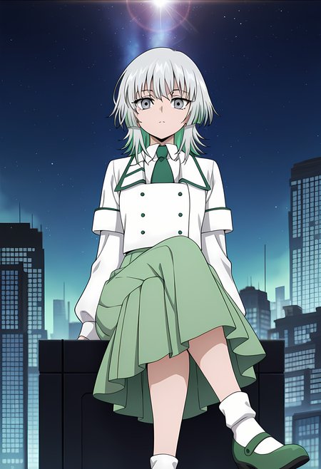 masterpiece,best quality,amazing quality,

1girl, solo,

Suzune Rokuoin (Cardfight Vanguard), green hair, grey hair, multicolored hair, medium hair, grey eyes,

white jacket, white shirt, collared shirt, buttons, green necktie, green skirt, short over long sleeves, layered sleeves, pleated skirt, long skirt, white socks, green footwear, shoes, mary janes,

looking at viewer, 

cinematic, cross legs, crossing legs, 

Outdoors, On top skyscraper, sci-fi city, star (sky), 

Lens flare, bloom,

Official style, anime screencap, anime coloring,














