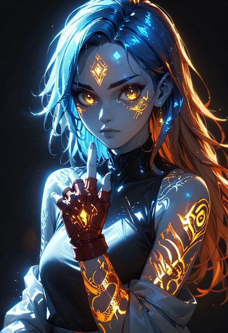 <lora:Style\glowneon_xl_v1:1.0> <lora:SelectiveColoringStyle:0.15> <lora:Concept\g1owingtatt00:1.0> <lora:Slider\lowlight:1.4>, score_9,score_8_up,score_7_up,score_6_up,score_5_up, 1girl, orange hair, blue inner hair, golden eyes, red fingerless gloves, (black background, monochrome, spot color, selective coloring, grayscale skin), glowing tattoo, (luminous), glowneon