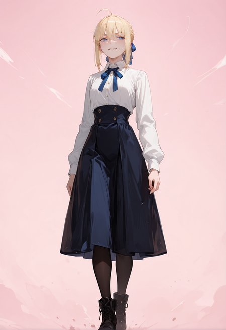 perfect quality,high quality,masterpiece,best quality,amazing quality,very aesthetic,absurdres,Cinematic Lighting,newest,
front view,full_shot,Raised one-sided smirk,
saberCYQL,solo,1girl,blonde hair,hair bun,ahoge,bangs,hair between eyes,french braid,single hair bun,hair ribbon,blue eyes,shirt,white shirt,ribbon,blue ribbon,neck ribbon,collared shirt,long sleeves,skirt,blue skirt,high-waist skirt,pantyhose,black pantyhose,boots,
full body,standing,grimace,,
pink background,simple background,
<lora:spo_sdxl_10ep_4k-data_lora_webui:0.5>,<lora:illustrious_all_rated_v1:0.6>,<lora:748cmSDXL:0.8>,748cmstyle,<lora:DarkerThanBlackIllustrious:0.5>,<lora:EtherSDXL:0.5>,EtherStyle,,<lora:Saber_Illustrious by Cyql:1>,