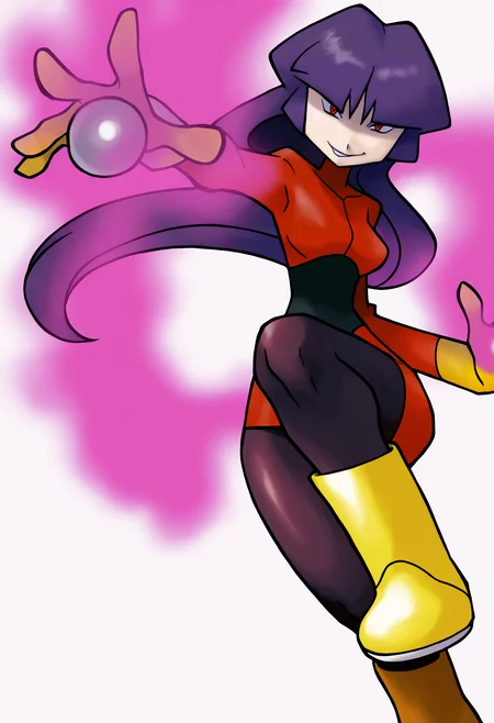 sugimori ken,
best quality, amazing quality, very aesthetic, absurdres,
1girl, solo, sabrina /(pokemon/), red eyes, dark purple hair, red bodysuit, pantyhose, boots,
telekinesis powers,
smirk, looking at viewer, simple background, white background  <lora:KenSugimoriIllustriousLocon_byKonan:1>
