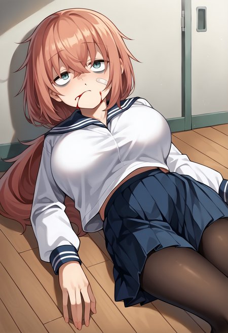 score_9, score_7_up, hd, (ultra hd quality details), source_anime, indoors,
solo, 1girl, mmkomaro, long hair, low ponytail, large breasts, bags under eyes,
school uniform, sailor collar, long sleeves, pleated skirt, pantyhose,
blush, looking up, nosebleed, blood in face, head tilt, bandaid, 
lying, against wall, on floor,
<lora:_komaro_michinoki-elesico-ponyA:1>