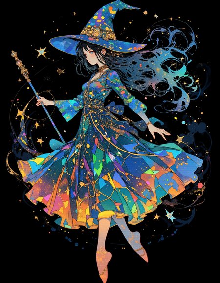 lyh_niji,  vibrant reflective holographic drawing in the style of ckhg, Alphonse Mucha Style, Art Nouveau Poster art  of  silhouette of a witch wear witch's hat holds a magic wand and walks on tiptoe like a rhythmic gymnast
delicate features,detailed beautiful face, flowing hair, close up
cracked light , smokey haze in floating
Illustrations with clear lines in a well-designed posters design, black background
<lora:ck-holographic-glitter-000015:0.5><lora:Alphonse Mucha Style:0.6>