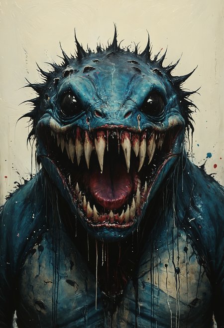 Lurking creature with venomous, needle teeth, Natural Light, <lora:Melting_world:0.8>, <lora:gorgoeus_splash_of_vibrant_paint:0.7> Gorgeous splash of vibrant paint