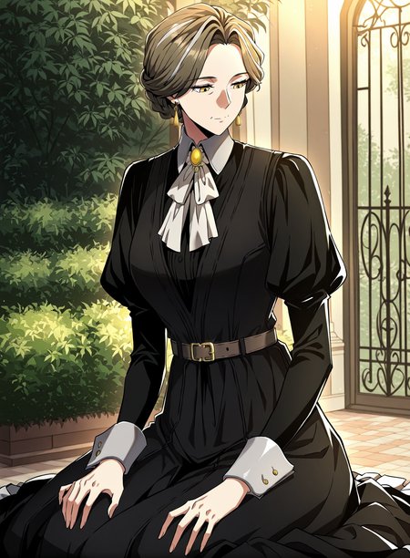 <lora:Wilbeck__The_Beginning_After_the_End__Illustrious:1>
Wilbeck, 1 girl, solo, mature woman, yellow eyes, brown medium hair, silver streaks, side-parted, braided updo,
black victorian dress, white cravat, wide cuffs, waist belt, gold earrings, formal outfit
score_9, score_8_up, score_7_up, masterpiece, best quality, absurdres, perfect anatomy, 1girl, solo, wariza, sitting, hands on own knees, garden background