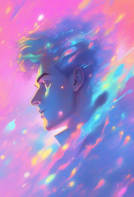 masterpiece, illustration, highly detailed, good looking young man dancing in the club, looking melancholic, forgetting everything around him, pop album cover, energetic, dancing  , melancholic mood, modern posh club, futuristic club, colorful lights, depth of field, energetic atmosphere, slightly foggy, focus on face, view from slightly below, three-quarter profile, bright pastel colours