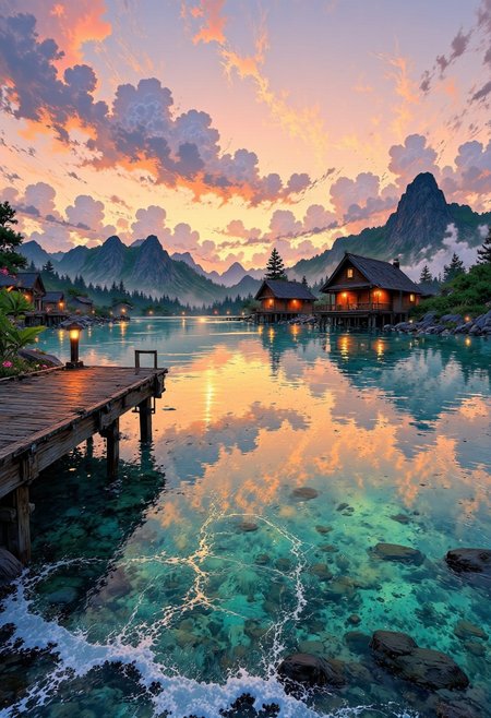 Bora Bora Golden Horizon – Calm Lagoon & Overwater Bungalows
"A dreamy Bora Bora lagoon at golden hour, where the sky is painted in warm hues of peach and lavender. The water is a perfect mirror, reflecting the overwater bungalows and lush green mountains in the background. Soft waves ripple against the wooden pier, while the scent of tropical flowers drifts through the air."