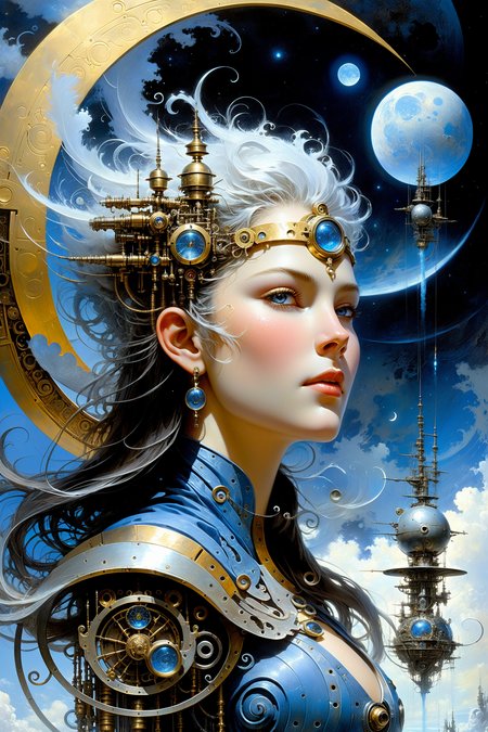fantastic futuristic steam punk made of shiny brass towers, floating_swirls_made_of_steam, blue sky, silver moons, dramatic color palette, <lora:add-detail-xl:2> misc   <lora:DonMW15pXL:0.5> DonMW15pXL, the head of a woman by aaron horkey <lora:John Berkey Style:0.6> John Berkey Style page <lora:d\EnvyFantasticXL01:1>, (masterpiece:1.2), best quality, (hyperdetailed, highest detailed:1.2), high resolution textures, <lora:EnvyBetterHiresFixXL01:1>