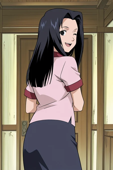 anime screencap, anime coloring, detailed face, masterpiece, best quality, very aesthetic, absurdres, volumetric lighting, official style, amazing quality, ultra detailed,  highres, amazing quality, scenery, beautiful detailed hair, beautiful detailed eyes,
<lora:StS-Illustrious-Detail-Slider-v1.0:4>
 <lora:Tsunami_Naruto:1>
indoors,
Tsunami (character), 1girl, solo, skirt, smile, long hair, black eyes, standing, shirt, black hair, short sleeves, cowboy shot
from behind, looking back at the viewer, one eye closed, wink, sexy smile, open mouth