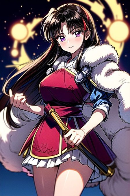 masterpiece,  best quality 1girl Setsun4 solo long hair,  (night time) forest background black hair very long hair purple eyes multicolored hair armor (fur trim) (medium body),<lora:EMS-179-EMS:0.800000>,<lora:EMS-293862-EMS:0.800000> bow, hair_bow, hair_tubes, red_bow, brown_hair, long_hair, bangs, ascot, frilled_bow, yellow_ascot, blush, smile, hair_between_eyes, athletic, armor, miko, ,(((intricate outfit,intricate clothes,embroidered outfit,ornate outfit,embroidered clothes,ornate clothes))),