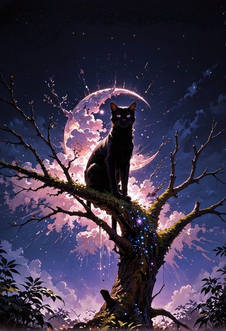 score_9,score_8_up,score_7_up,embedding:zPDXL2, masterpiece,best quality,highly detailed,detailed background, film grain,colorful,Expressiveh,Cinematic Lighting, Surreal night scene,silhouette of a cat sitting on a tree branch,crescent moon in the sky,purple hues,starry night,dreamlike atmosphere,glowing edges,mystical,high contrast,ethereal light,detailed textures,whimsical,<lora:增强\(收藏)\sdxl_lightning_8step_lora.safetensors:1.0:1.0> <lora:增强\(收藏)\Hands XL 4.safetensors:1.0:1.0> <lora:增强\(收藏)\Expressive_H-000001.safetensors:0.4:0.4> <lora:增强\(收藏)\glowneon_xl_v1.safetensors:0.3:0.3> <lora:增强\(收藏)\sinfully_stylish_PONY_0.2.safetensors:0.4:0.4> <lora:Vixon\(收藏)\Vixon's Pony Styles Thermal.safetensors:0.4:0.4>