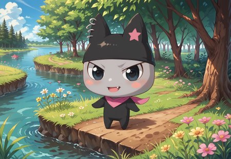 safe_pos, score_9_up, score_8_up, score_7_up, score_6_up, (detailed art style, shiny skin, detailed eyes) (chibi) 1boy, Kuromametchi, grey skin, black cat ears, pink star ear marking, big eyes, black eyes, blush, blush stickers, cute little fang, ear piercings, black bodysuit, pink bandana,  (detailed scenery, detailed background : 1.1), outside, afternoon, verdant park, marsh, (verdant greenery, trees, lush bushes, grass, grassy lawn, wildflowers, water, lake)