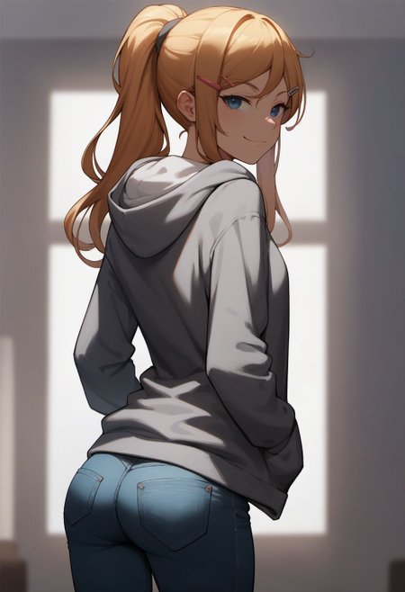 score_9, score_8_up, score_7_up, score_6_up,( sketch:0.8), flat color,
ha1ru, 1girl, solo, long hair, looking at viewer, smile, hair ornament, long sleeves, closed mouth, blue eyes, standing, ponytail, ass, hairclip, looking back, indoors, hood, clothes lift, from behind, blond hair, hoodie, hood down, smug, grey hoodie, jeans,
<lora:hairu_style_v1_final:0.7>,
 <lora:fix_hands:1.5>