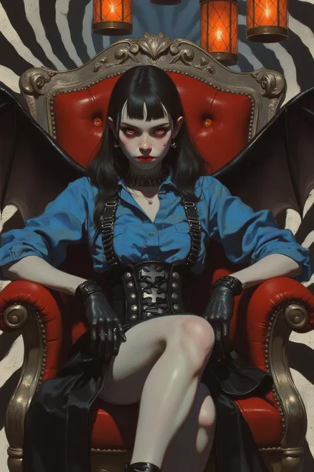 This highly detailed digital artwork, HD, 8K quality, ultra-detailed, features a young woman exuding dark, gothic elegance. Her pale skin and sleek black hair frame glowing red eyes with a demonic intensity. She wears a vivid blue button-up shirt with puffed sleeves, cinched at the waist by a black leather corset with intricate straps, adding a fetishistic allure. Black leather gloves, large cross earrings complete the edgy look. Seated on a plush red high-backed chair, her regal pose exudes confidence. Behind her, bat-like metallic wings gleam in ambient light. The background features optical illusions of non-linear black, white, grey, and dark blue lines, creating visual depth and movement. The lines form sharp, angular geometric shapes, with varying thicknesses and curves, making the scene appear as if it’s constantly shifting. The play of light and shadow on the lines heightens the illusion, drawing the viewer’s eye across the composition. Five hanging lanterns cast an orange glow, contrasting the cool chaos of the background, enhancing the surreal, gothic atmosphere. Shadows and subtle highlights emphasize the details of her corset, gloves, and wings, creating a captivating composition.