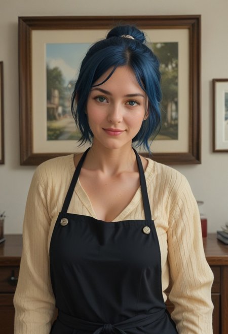 (8k, best quality, masterpiece:1.2), (realistic, photo-realistic:1.37), ultra-detailed, Score_9, Score_8_up, Score_7_up, masterpiece, best quality, highres, (depth of field:1.5), detailed face,  (((full shot:1.5))), 1girl,  woman, (ultra HD quality details), (japanese:1.2), ribbed sweater,collarbone,black apron,badge,pants,denim,iori rinko,blue hair,green eyes,mature female,ponytail, smile, undressing, cleavage, tits, bra