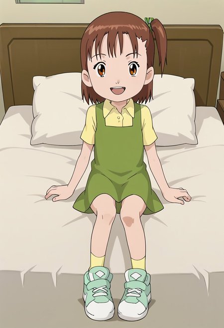score_9, score_8_up, score_7_up, source_anime, anime screencap, masterpiece, best quality,
(1girl), jerikatou, ((solo, alone)), short petite, small body, flat chest, brown hair, side ponytail, brown eyes, green dress, smile, open mouth, upper teeth, looking at viewer,
BREAK
(yellow collared shirt, shoes, yellow socks), bare legs, barefoot, full body,
BREAK
lying, on back on bed, pillow, indoor, bedroom, window, during the day.