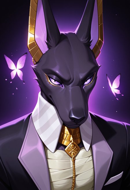 masterpiece, best quality, amazing quality, 1boy, solo, DrewDL, purple sclera, suit, bandage shirt, gold collar, close-up, butterfly