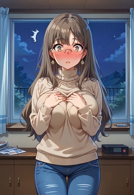 score_9, score_8_up, score_7_up, source_anime, masterpiece, best quality, high quality, highres, cinematic lighting, (solo, front view, closed up face, cowboy shot, bedroom, window, different angles), (Futaba_Rio, brown_eyes, grey_hair, long_hair, large_breasts, rimless_eyewear, simple sweater, brown sweater, blue pants, denim pants, rectangle earrings, covering chest with arms, detail hands, looking at viewer, surprised, embarrassed, standing, perfect anatomy, anatomically correct hands), (night, Expressiveh, full-face blush, vnbg, modern_bg)