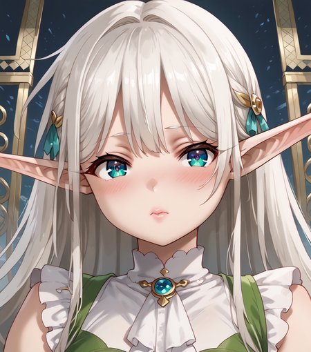 score_9, score_8_up, score_7_up, score_6_up, score_5_up, score_4_up, source_anime, anime screencap, masterpiece, insanely detailed, detailed background, zPDXL3, usagi_nagomu_style, 1girl, solo, long hair, looking at viewer, blush, pointy ears, elf, face focus