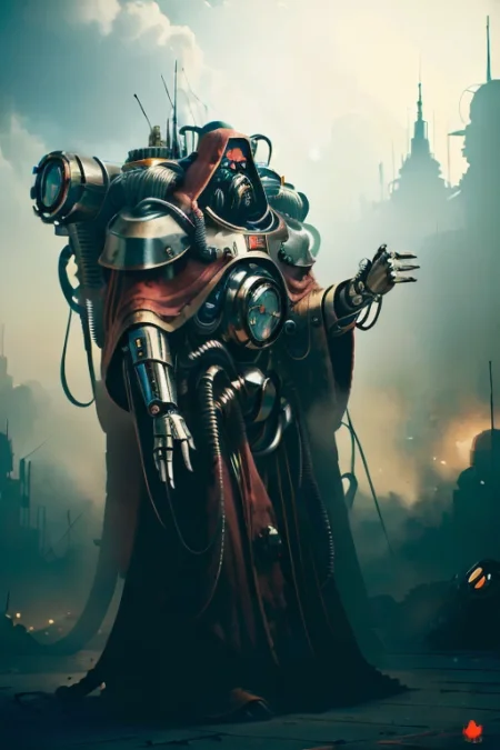 ((masterpiece,best quality)), absurdres, mechanical arms, robes, hood, (techpriest), cyborg, mechanical face, (RetroFuturismAI)