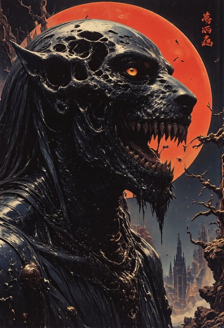 Off-center composition, right-aligned dynamic composition, an other wordly alien like monstrous skeletal creature, black glossy fractal skin leather texture, slimey, teeths, profile of a skeletal wolf with gaping jaws sharp teeth, disheveled fur fused half with a human set against a dark smoky background. The lighting accentuates the bone's texture and eerie atmosphere, cinematic film still, shallow depth of field, vignette, highly detailed, high budget, bokeh, cinemascope, moody, epic, gorgeous, film grain, grainy, cyberpunk style, glowing eyes, weird creature, blood moon in the background, Attack mode, hunting, on the move
