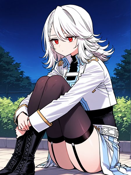 <lora:Player__Manhwa__Nagi:1>
1girl, solo, white hair, medium hair, layered hair, wavy hair, swept bangs, red eyes, expressionless, neutral face, long sleeves, high collar
white cropped jacket, short jacket, open chest design, decorative chest strap, white chest band, high collar, long sleeves, gold accents, layered clothing, black thighhighs, black tight top, black bodysuit, high collar, split skirt overlay, skin-tight underlayer garter belt, thigh strap, black boots, decorative belt, gold buckle,
score_9, score_8_up, score_7_up, very aesthetic, source_anime, detailed, high quality, beautiful, detailed eyes, masterpiece, best quality, absurdres, perfect anatomy, 1girl, solo, hugging your own legs, sitting, garden background, night