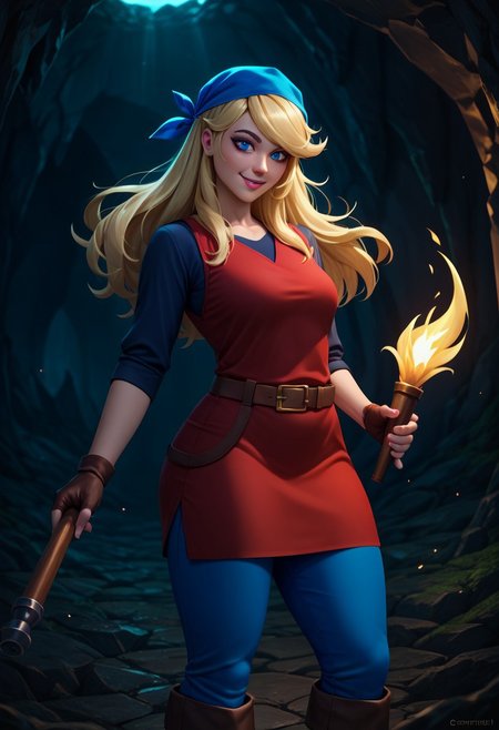 masterpiece, best quality, very aesthetic, absurdres,
score_9, score_8_up, score_7_up,score_6_up, score_5_up, score_4_up , 1girl, cadence, blue eyes, blonde hair, long hair, 
thick thighs, blue bandana, red tunic, fingerless gloves, brown boots, belt, blue pants,
standing,
smile, holding torch, cave background  <lora:CadenceIllustriousXL_byKonan:1>