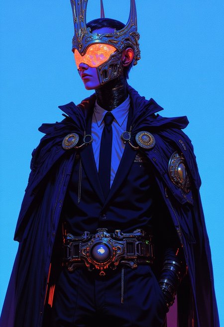 Hyper-realistic, futuristic illustration of a man in a sleek, urban suit with a metallic, chrome-inspired aesthetic. He wears a fitted suit jacket, tie, and shirt, paired with sharply tailored trousers, each garment subtly infused with futuristic details. A gadget-clad belt around his waist is covered in small, high-tech devices that glimmer faintly, adding to the suit’s cutting-edge design. Atop his head sits a surreal chrome crown with elongated, glossy elements and a shimmering, subtle iridescence that catches the light, adding a surreal, regal aura to his otherwise modern look. His skin is pale and flawless, providing a striking contrast against a neon blue background with a gentle, neon purple tint highlighting the edges of his face and body, enhancing his ethereal presence. He wears a surreal piece of eyewear reminiscent of Cyclops' visor from X-Men: a sleek, wraparound visor with a translucent band stretching across his eyes, emitting a soft, red-orange glow along its edges. The eyewear’s band is edged in polished chrome with micro-etched details that reflect light, while its lens has a reflective, liquid-like surface with faint holographic patterns shifting under the light. The visor’s center band appears to faintly pulse with energy, enhancing his calm, enigmatic stance. The combination of high-tech attire and surreal design elements creates a strikingly futuristic yet otherworldly figure.
