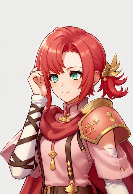 score_9, score_8_up, score_7_up, source_anime, 1girl, solo, <lora:zs_EngagePortraitsXL:1> engageportraits, portrait, white background ADDCOMM
smile, <lora:norne fehPonyXL:0.8> norne feh, hair ornament, shoulder armor, cape, red scarf, bridal gauntlets, pink dress, belt