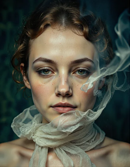 UHD, 8K, ultra detailed, a cinematic photograph of Rembrandt style glaring, This is a digitally manipulated photograph featuring a close-up of a young woman's face. The image is a blend of multiple exposures, resulting in a surreal and ethereal effect. The woman has fair skin and wavy, light brown hair that is partially obscured by the overlapping layers of images. Her expression is serious, with her lips slightly parted and her eyes looking directly into the camera with a contemplative gaze. She wears a white, sheer fabric draped around her neck, adding a delicate, almost ghostly quality to her attire., 
The background is a deep, dark blue that transitions into a lighter, greenish hue towards the top of the image, creating a dramatic contrast. The texture of the background is grainy and textured, giving it a vintage or aged appearance. There is a sense of depth and movement in the image, as if the woman is emerging from a fog or mist, with her face partially obscured by the layers. The overall style is reminiscent of a dreamy, surrealistic painting, blending elements of art and photography. The image evokes a sense of mystery and introspection, with the young woman's face serving as the focal point amidst the abstract, layered background., <lora:nastassia:1> . Baroque, chiaroscuro, realistic, emotional, "flat lighting, beautiful lighting, great composition