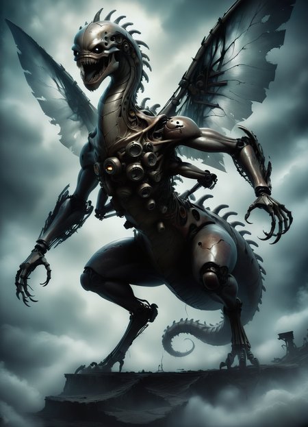 DonMGl00myN1gh7m4r3XL,score_9, score_8_up, score_7_up, score_6_up, gigantic mythical extraterrestrial polished ethereal creature, hexapod multipedal, hoofed, trifurcated-tailed, spiked-tailed, slick skin,  slit ears,  mechanical wings made of gears and cogs and clockwork, , ,  creepy, gloomy, rating_safe <lora:DonMGl00myN1gh7m4r3XL:0.65>