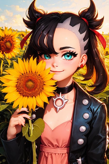 score_9, score_8_up, score_8, medium breasts, (curvy), cute, eyelashes,       BREAK, , BREAK, zzMarnie, aqua eyes, black choker, black hair, red ribbon, pink dress, jewelry, black jacket, open clothes, long sleeves, <lora:MarnieP3:0.8>,, zzSunflower, upper body, outdoors, hand up, portrait, one eye covered, yellow flower, holding flower, <lora:Sunflower_PDXL_v2:0.8>, , BREAK,  smile, looking at viewer, cowboy shot,  embedding:zPDXL, Expressiveh, <lora:SDXLFaeTastic2400:0.5>,  <lora:Expressive_H-000001:0.4>,