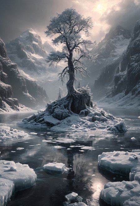 highly detailed, high quality, digital illustration, intricate details, light reflection, trending on artstation, volumetric lighting, extremely clear 8k wallpaper.
A little island covered in snow in a peaceful glacial lake. Dead trees on the island. At Dawn, pinkish hues on the landscape, Icy, Cold touch, peaceful atmosphere, Ground view. Sense of foreboding, (reflective volumetric), raytracing, absurdres.
scenery, gloomy, dark atmosphere, midjourneyv6.1, ais-icebaby