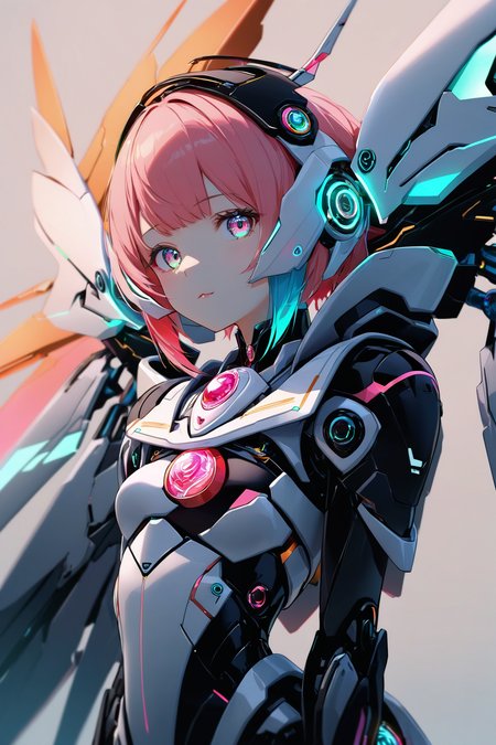Jed-rbt, seraph, 1girl, cinematic angle, :3, looking at viewer, scifi hair ornaments, energy hair, brooch, mechanical wings, screws, cables, led lights, glowing, Futuristic, chromatic aberration, Kawaii, [(blue-white background:1.2)::0.2], (neon luminescence background:1.2), illustration, incredibly absurdres, ultra detailed, masterpiece, best quality,[<lora:detailed_notrigger:0.95>::0.5], [:<lora:detailed_hands:1.05>:0.5],<lora:RoboStyle:1>