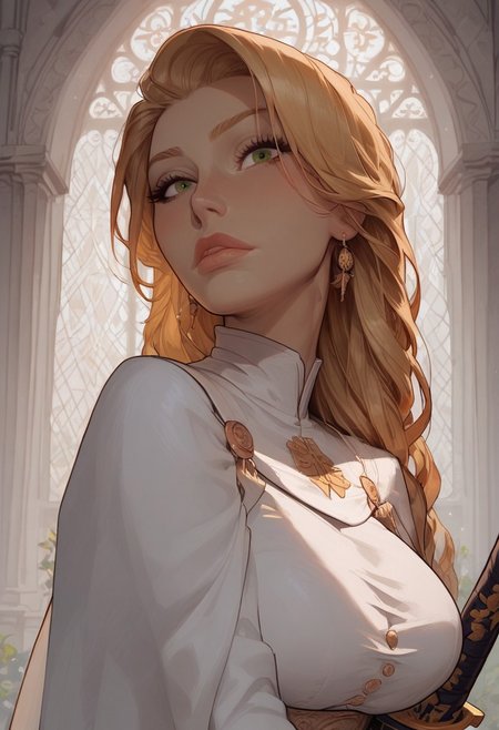score_9, score_8_up, score_8. score_9, score_8_up, score_7_up, score_6_up, masterpiece, 4k, high quality, (best quality:1.3), ((face focus, eye focus)), close up,
alone, solo, 1girl, 30 year old female, mature, milf, very long blonde hair, straight-bangs, green eyes, (Sabrina Nichole), mature, seductive, knight, 
white golden lined Knight armor, white golden lined long sleeves, white golden lined thigh highs and heels, white golden lined bandeau, white golden lined pelvic curtain, massive teardrop breasts, round teardrop breasts, perky teardrop breasts,
white cloak over armor), (((brandishing a sword))), holding a sword, ornate european sword, longsword, looking off camera, looking down, golden cathedral background, half body, volumetric lighting, cinematic lighting, aesthetic design, dramatic angle, dramatic framing, cinematic framing, posing at an angle, side face profile, side face, side face angle, face from side, staring at viewer
BREAK
medieval village, woods, park