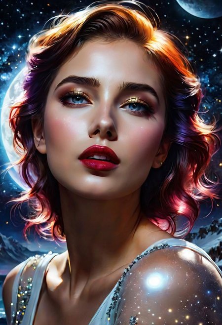 RTX, 8k, HDR, best quality, cinematic film story, (masterpiece), Anna Razumovskaya, Casey Baugh, Antonio Mora, Aminola Rezai, Giovanni Boldini, art, realistic art, digital illustration, portrait, bright rich colors, Digital Art,Girl moonlit night, milky way, light of deep night, shining stars, glimpses of happiness, beauty in life and death,