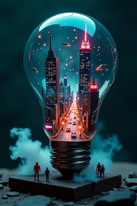 VintageSketch style, YFG-Asak, A hyper-detailed miniature diorama of a futuristic cyberpunk city built inside a broken light bulb. Neon-lit skyscrapers rise within the glass, with tiny flying cars zipping between buildings. The streets are bustling with miniature figures, glowing billboards, and tiny street vendors selling holographic goods. Electrical sparks flicker from the bulb's shattered edges, blending technology with an otherworldly vibe. Mist swirls around the base, giving a sense of depth and mystery. The background is dark, enhancing the neon reflections on the glass, creating a mesmerizing sci-fi atmosphere.âââ