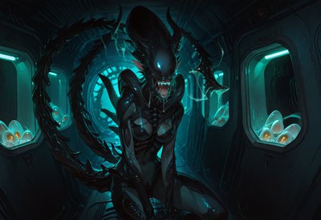 masterpiece, best quality, hyper-realistic, ultra-HD, luminous lighting, cinematic ambiance, shimmering gradients, ethereal glow, deep contrast, rich color tones, seductive atmosphere, captivating sensuality, Cinematic Lighting, 
BREAK 
raytracing, volumetric lighting, ambient occlusion, Background, xenomorphs
BREAK
ryu, teal scales, eastern dragon horns, pointy ears, green eyes, long eyelashes, makeup, solo,
glass, see-through, skulls, portraits,
BREAK
A chilling scene unfolds in a dimly-lit industrial corridor, where the iconic xenomorph from the Alien franchise has cunningly concealed itself within an air duct. Its elongated, biomechanical form is contorted yet eerily poised, occupying the seemingly innocuous air vent. The slick, black exoskeleton, adorned with menacing ridges and a tail curled beneath it, blends seamlessly with the duct's shadowy interior. Only its distinctive dome-like head, partially open mouth revealing a set of inner jaws, pierces the veil of darkness. Glistening drool and the movement of its secondary jaws suggest a high state of alertness, ready to strike.
The xenomorph’s piercing yellow eyes reflect the flickering emergency lights of the corridor, hinting at its imminent intent. The vent's mesh serves as a sinister cage, unable to contain the creature's malevolent presence that emanates from every rivet and crevice. Tension swells as viewers anticipate the creature's imminent pounce, ready to unfurl from its hiding place. Surrounded by Alien eggs.