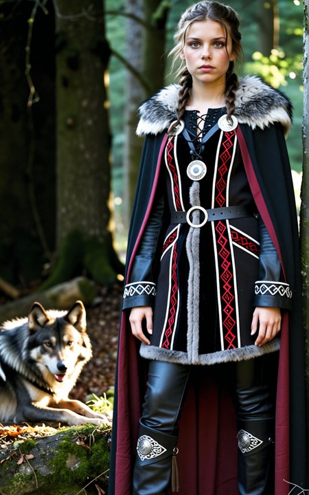 1girl,French, Princess Gisla from the TV series Vikings, Morgane Polanski, 20yo, brown hair, long hair, brown eyes, serious look, slim, small breasts, A high status chieftainâs attire in obsidian black, stormy gray, and deep crimson, consisting of a thickly woven tunic with metallic thread embroidery. A grand wolf fur cloak, fastened by twin silver brooches, drapes over the shoulders. Paired with sturdy leather leggings and hand wrapped hide boots.,